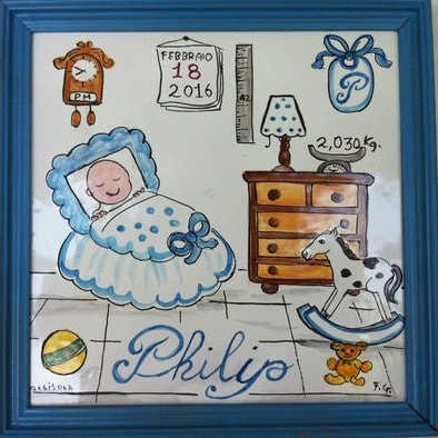 Ceramiche d-Arte di Albisola - Piastra con cornice azzurra e nome e data personalizzate. Maiolica